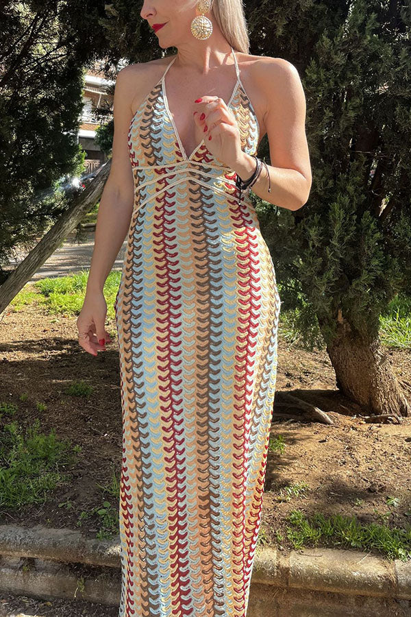 Playful Colorful Knit Holiday Style Halter Neck Maxi Dress