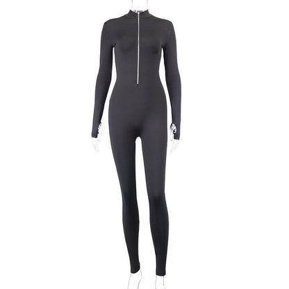 Trousers Women Clothing Solid Color High Waist Slim Long Sleeve Zipped Stand Collar Jumpsuit
