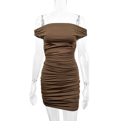 Women Wear Sexy off-Shoulder Pleated Hollow Out Cutout Solid Color Sheath Dress