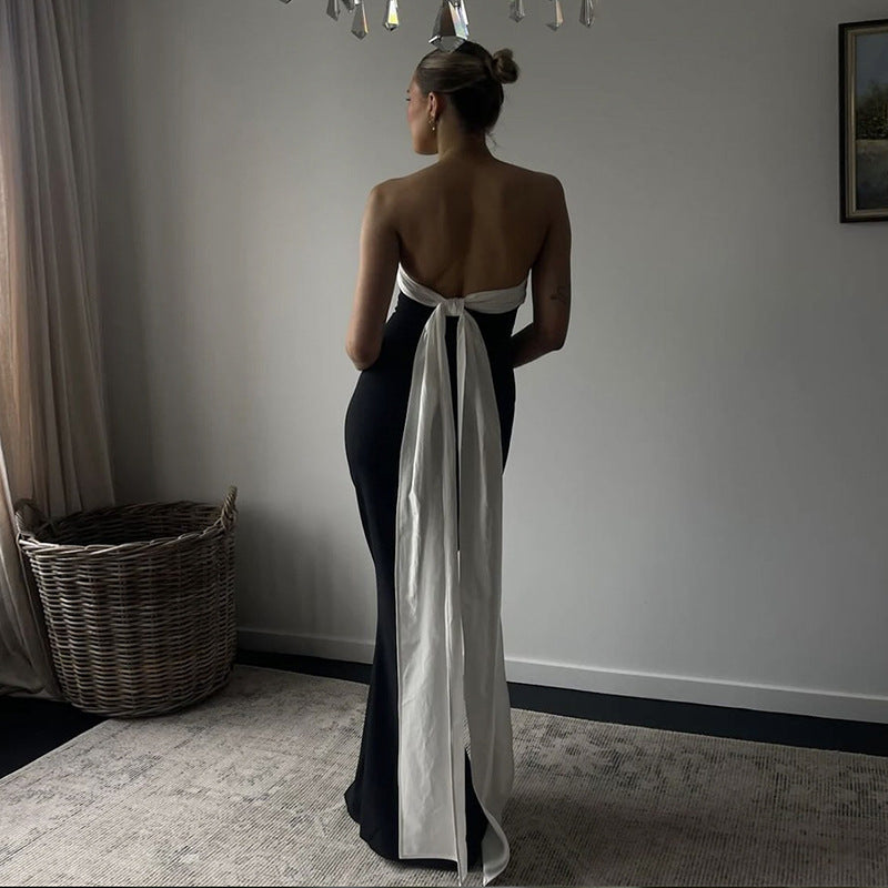 Women Clothing Autumn Winter Color Contrast Sexy Backless Bow Tube Top Ribbon Dress