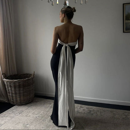 Women Clothing Autumn Winter Color Contrast Sexy Backless Bow Tube Top Ribbon Dress