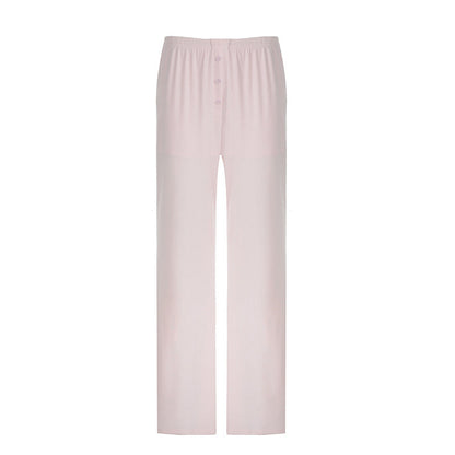 Casual Knitted Basic Breasted Long Sleeve Top Elastic Trousers Two Piece Pajamas Homewear