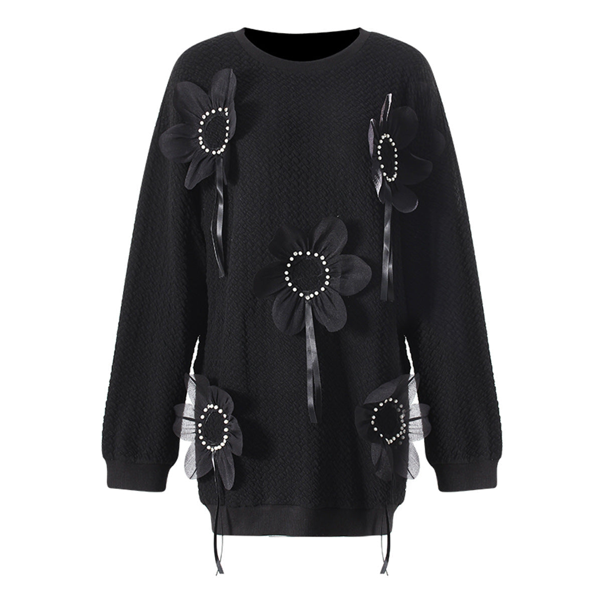 Mid Length Autumn Winter Solid Color Three Dimensional Floral Beaded Loose Outer Wear Sweatshirt