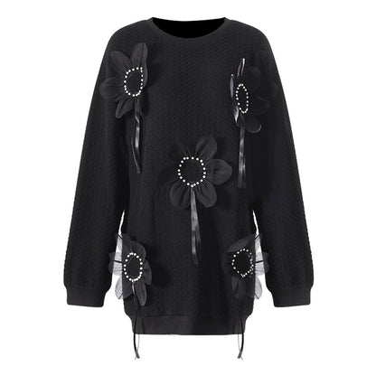 Mid Length Autumn Winter Solid Color Three Dimensional Floral Beaded Loose Outer Wear Sweatshirt