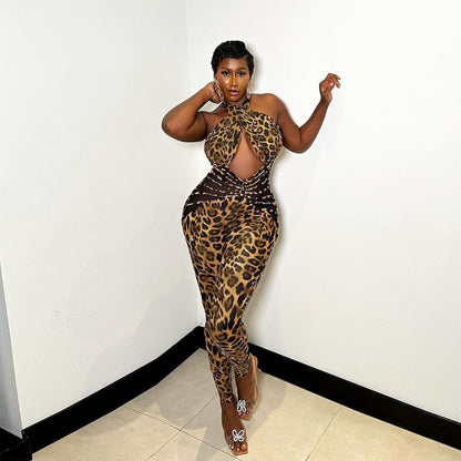 Women Clothing Summer Mesh Stitching Leopard Print Backless Sexy Jumpsuit