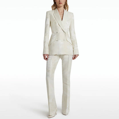 Women Elegant Jacquard Double Breasted Blazer Long Sleeved Two Piece Set