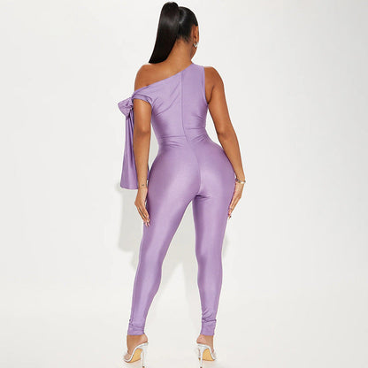 Women Clothing Summer One Shoulder Sexy Twisted Asymmetric Tight Jumpsuit