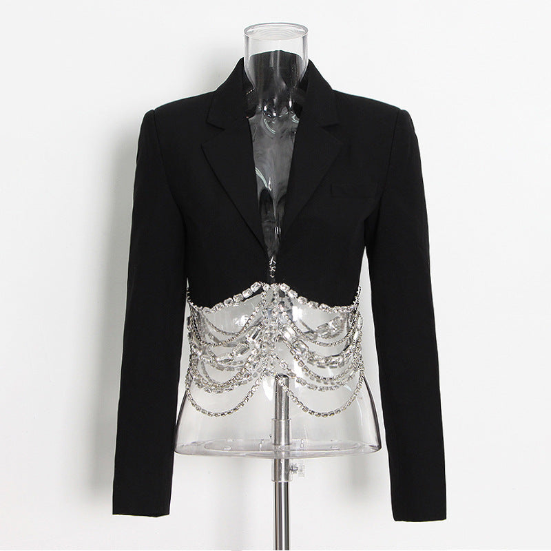 Skirt Set Autumn Rhinestone Chain Stitching Black Short Sheath Slim Skirt
