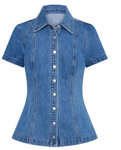Women Denim Short Sleeve Button High Waist Skirt Sets