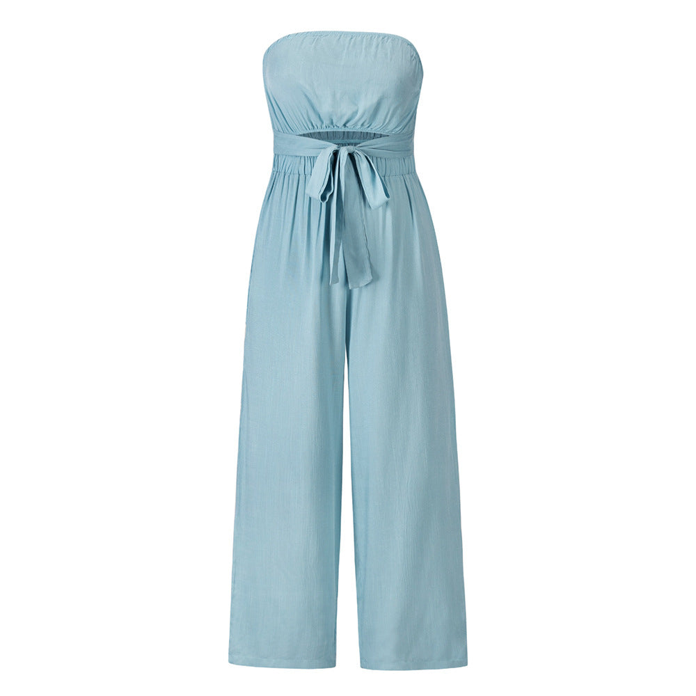 Casual Lace up Set Summer Tube Top Lace up Straight Jumpsuit