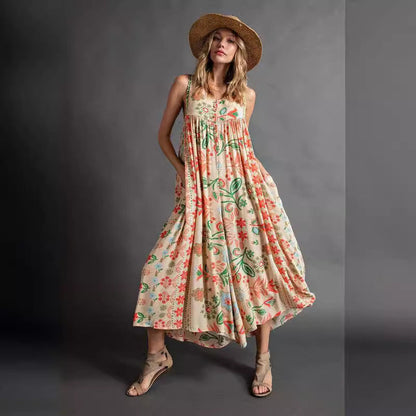 Summer Women Clothing Vintage Printed Loose Sleeveless Jumpsuit