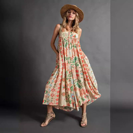 Summer Women Clothing Vintage Printed Loose Sleeveless Jumpsuit
