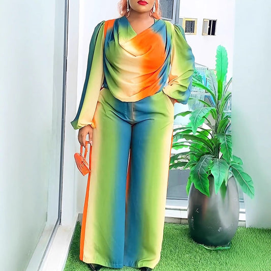 Lantern Sleeve Non Positioning Printing Swing Collar Wide Leg Pants Sets