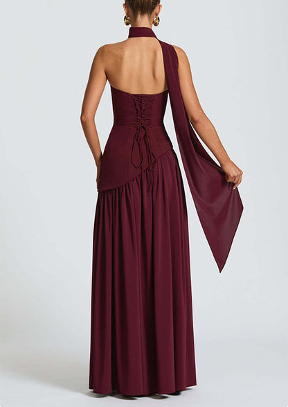  Strapless Back Lace-up High Slit Splice Maxi Dress