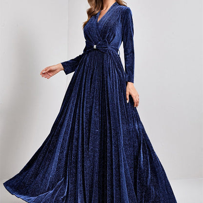 Evening Dress V neck Long Sleeve Big Hem Elegant Dance Dress Party Dress Bridesmaid Dress