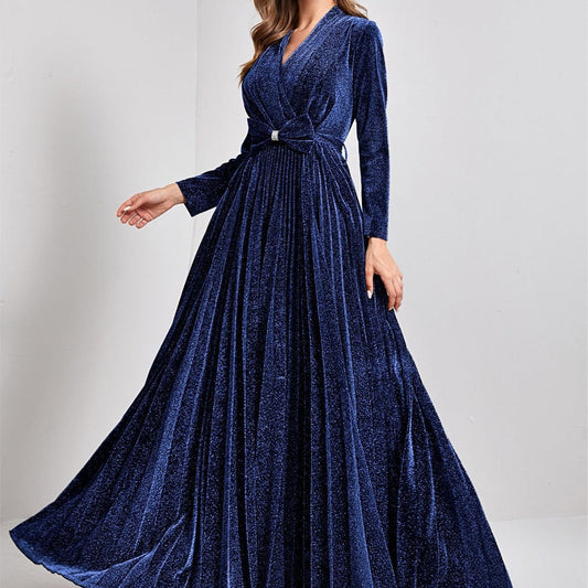 Evening Dress V neck Long Sleeve Big Hem Elegant Dance Dress Party Dress Bridesmaid Dress