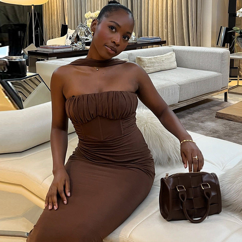 Women Clothing Solid Color Dress Tube Top Halter Cold Shoulder Sleeveless Maxi Dress