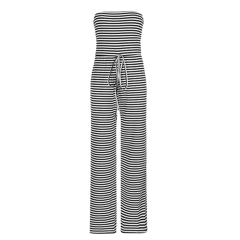 Striped Color Matching Horizontal Bra Lace up Long Mop Casual Pants Jumpsuit Trousers