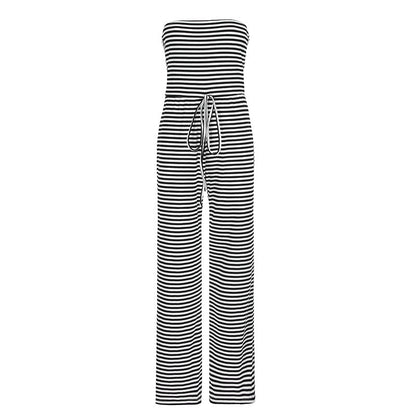 Striped Color Matching Horizontal Bra Lace up Long Mop Casual Pants Jumpsuit Trousers