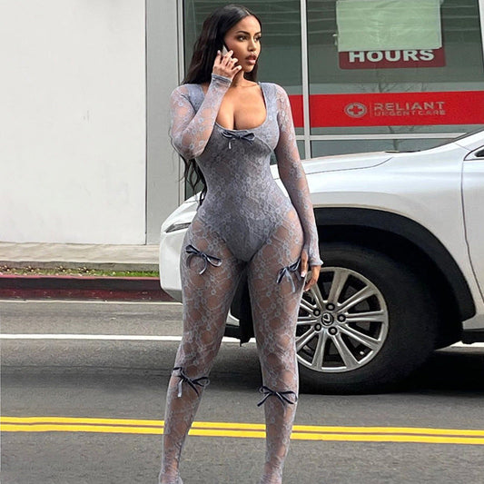 Spring Sexy See through Hollow Out Cutout High Waist Jacquard Tight Long Sleeve Lace Jumpsuit Women