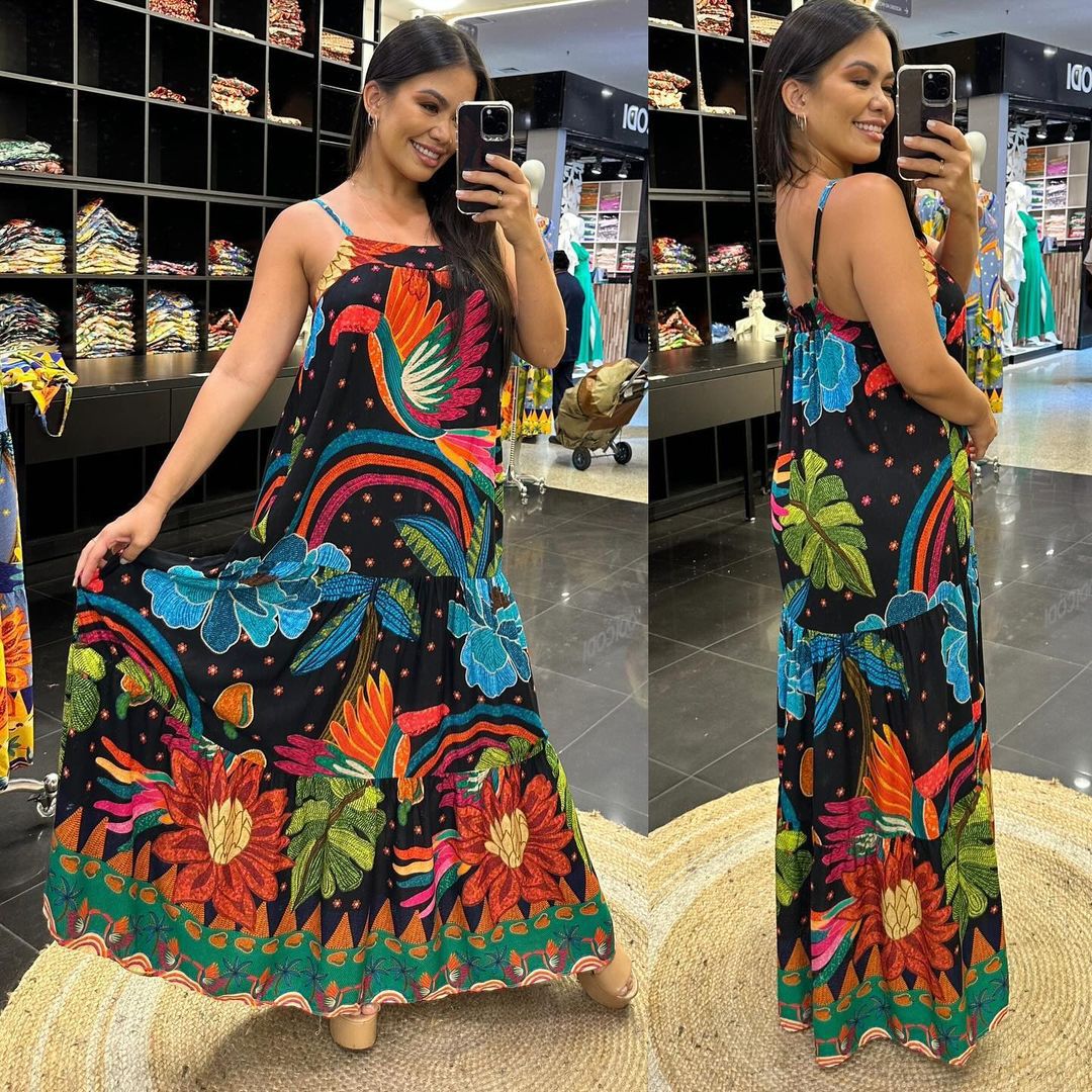 Summer Women Sexy Sleeveless Swing Printed Long Sling Dress