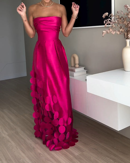 Luxurious Poise Satin Spliced mesh Polka-dot Fabric Off Shoulder Formal Maxi Dress