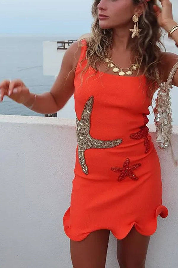 Beachside Dreams Starfish Sequin Wave Hem Stretch Tank Mini Dress