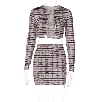 Women Clothing Autumn Sexy Printed Cropped Outfit Lace up Top Tight Sheath Short Dress Two Piece Set