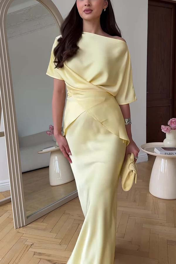 Secret of Elegance Satin Slit Back Lace-up Top and Elastic Waist Flare Maxi Skirt Set