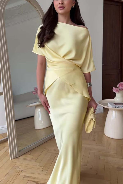 Secret of Elegance Satin Slit Back Lace-up Top and Elastic Waist Flare Maxi Skirt Set