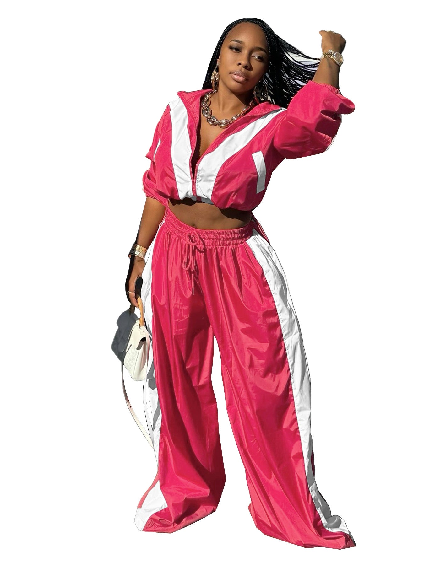 Women Zipper Waist Stitching Contrast Color Oversized Super Trendy Two Piece Suit