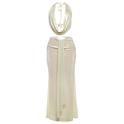 Spring Summer Women Sexy Backless Halter Top Slim Sheath Skirt Two Piece Sets