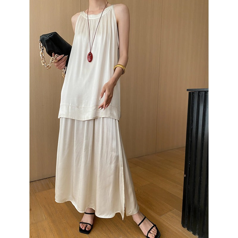 French Draping Satin Rayon A Line Vest Skirt Two Piece Suit