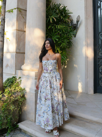 Lilac Gardenia – Strapless Floral Corset Maxi Dress