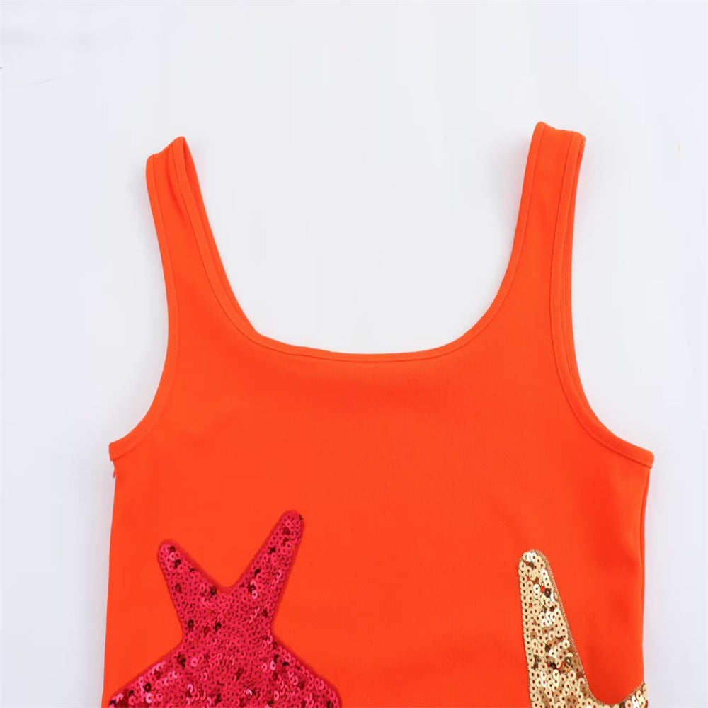 Beachside Dreams Starfish Sequin Wave Hem Stretch Tank Mini Dress