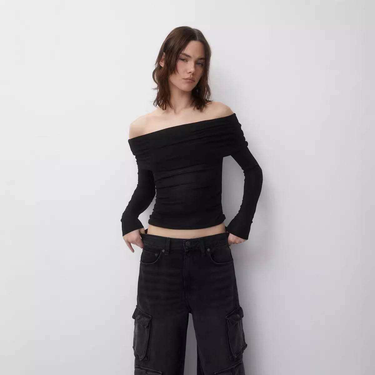 Sexy Strapless Long Sleeve T shirt Solid Color Elegant Sexy Slim Fit Crop Top