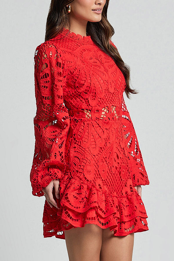 Solid Color Hollow Long-sleeved Waisted Lace Mini Dress