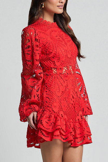 Solid Color Hollow Long-sleeved Waisted Lace Mini Dress