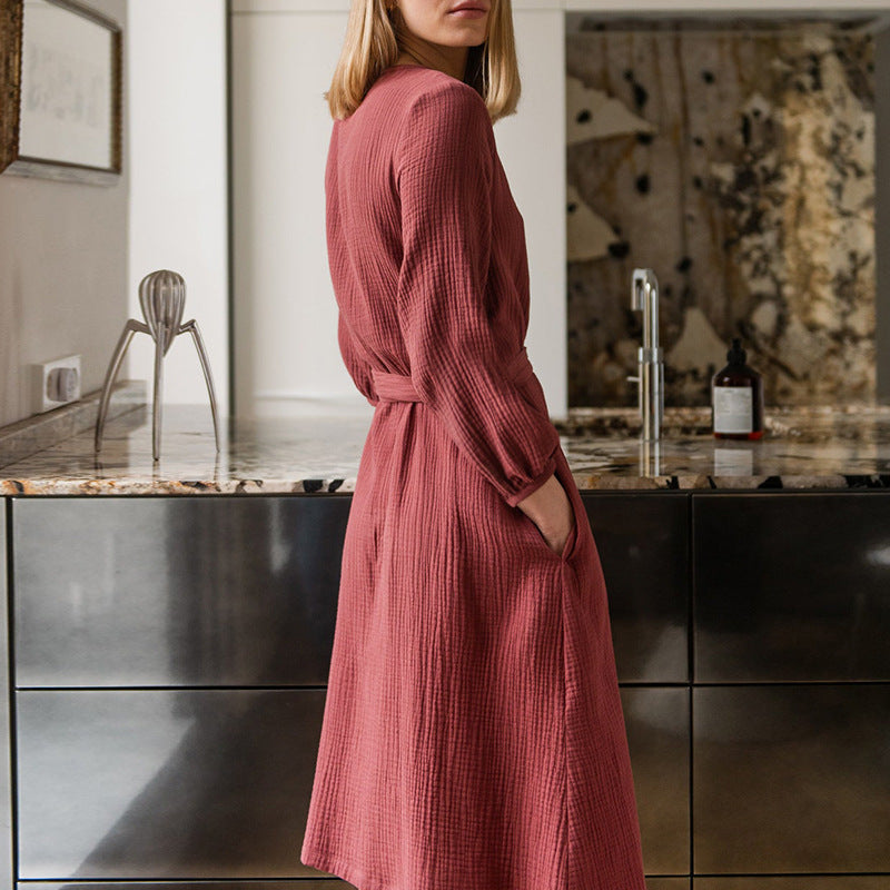 Spring Cotton Gauze Long Sleeves Dress French Office Waist-Tight Placket Bandage Dress