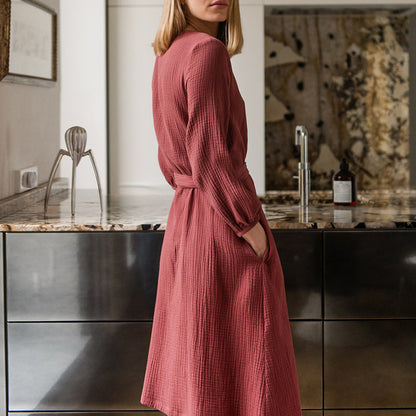 Spring Cotton Gauze Long Sleeves Dress French Office Waist-Tight Placket Bandage Dress