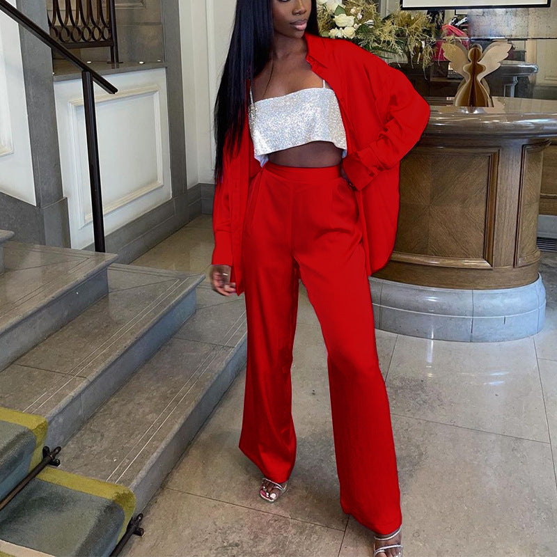 Spring Women Clothing Stylish Long Sleeves Collared Shirt Wide Leg Pants Suit