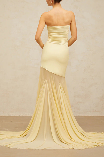 Solid Color Sleeveless Off-shoulder Mesh-paneled Fitted Maxi Dress