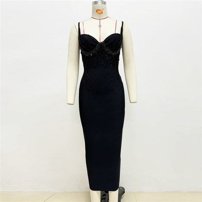 Sexy V neck Bead Diamond Strap Bandage Dress Ladies Party Annual Meeting Dress