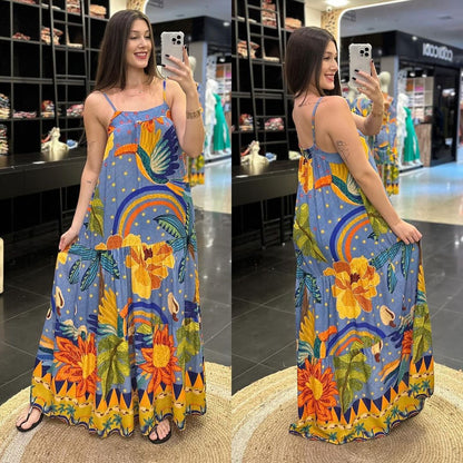 Summer Women Sexy Sleeveless Swing Printed Long Sling Dress