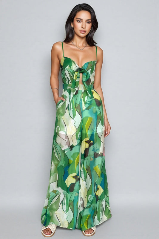 Quinn Green Printed Halter Bow Jumpsuit