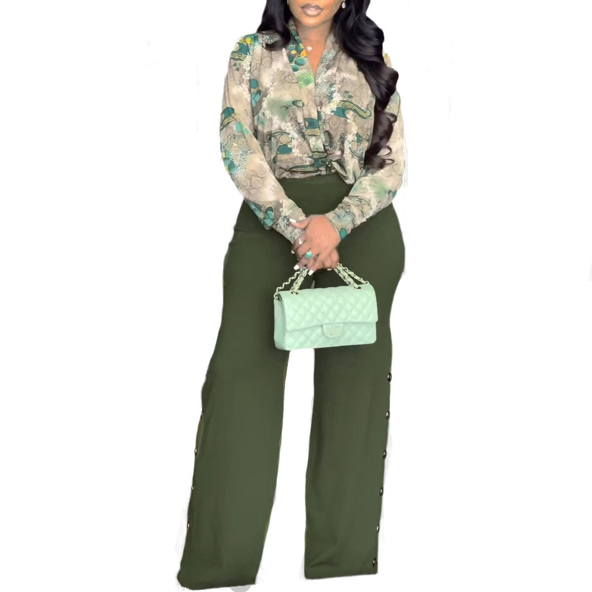 Women Printed V neck Shirt Wide Leg Pants Two Piece Set