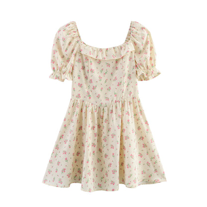 Spring Women Clothing Ruffled Short Sleeves Floral Dress