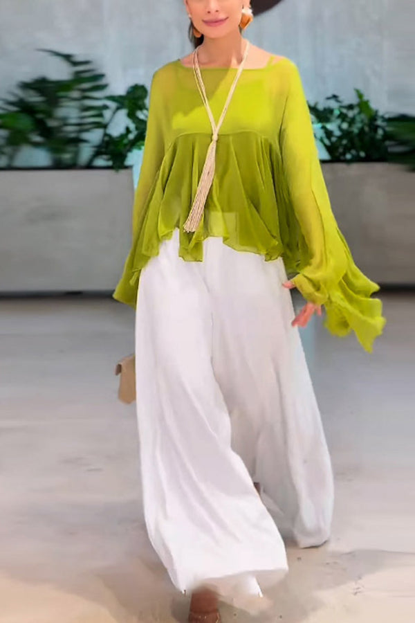 Romantic Journey Chiffon Ruffle Batwing Sleeve Top and Elastic Waist Pocket Loose Pants Set