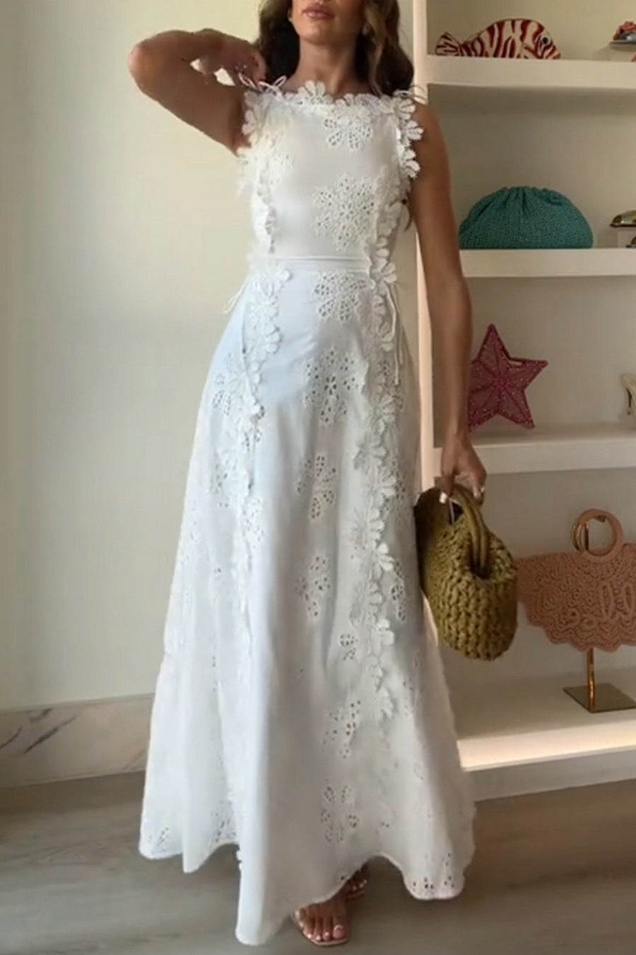 Mairi Embroidery Hollow Fabric Delicate Flower Trim Side Lace-up Maxi Dress