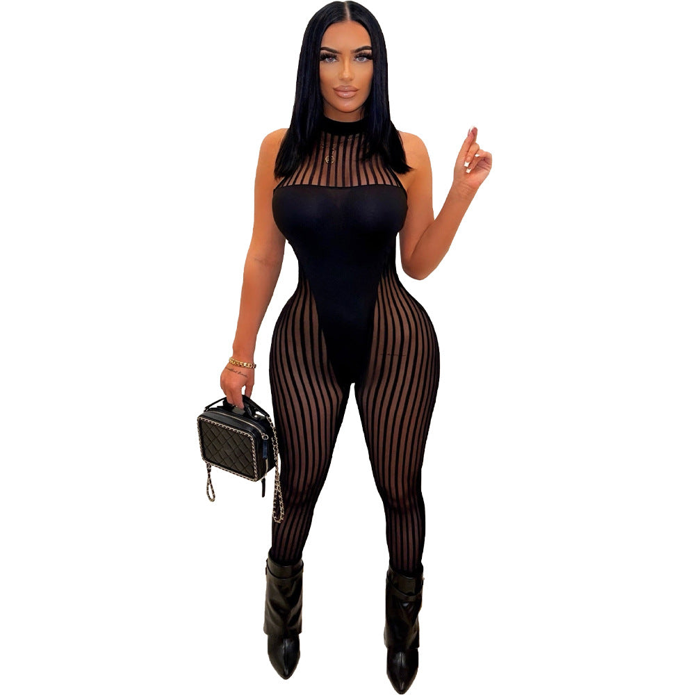 Women Clothing Sexy Mesh Stripes Stitching Women Jumpsuit